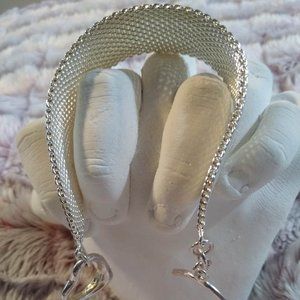 Sterling Silver Plated Wide Mesh Heart Toggle Bracelet Stamped...